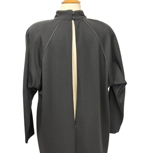 Caroline Rose Black Wool Dress Leather Trim Retro Shoulder Pads Pockets Size M - Picture 7 of 14